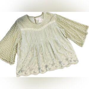 Soft green  Lace Blouse with Floral Embroidery
